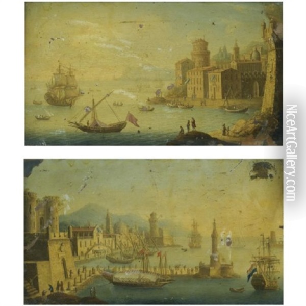 A Capriccio Costal View Of A Mediterranean Town With A Ship Moored Offshore (+ A Capriccio Of A Mediterranean Harbour Scene; Pair) Oil Painting - Orazio Grevenbroeck