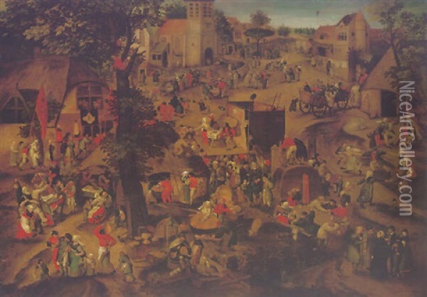 A Perfomance Of The Farce Een Cluyte Van Plaeyerwater At A Flemish Village Kermesse Oil Painting - Pieter Balten