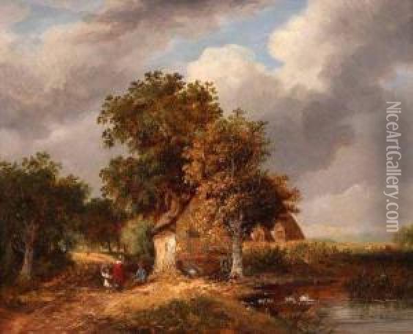 Country Landscape With Figures By A Cottage Oil Painting - Samuel David Colkett