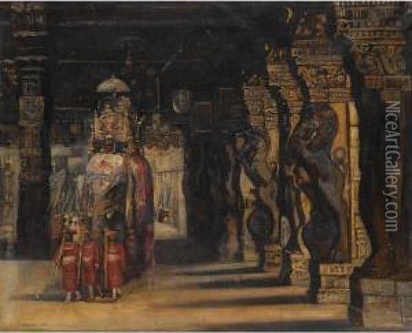Indian Procession With Elephant Oil Painting - Gyula Tornai