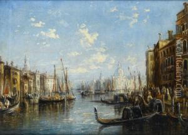 Busy Venetian Canal Scene Oil Painting - Francis Maltino