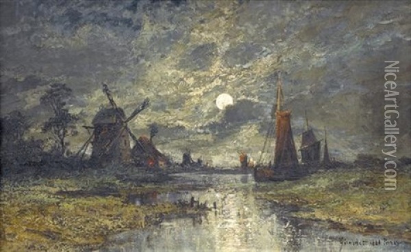 Nachtliche Flusspartie Mit Windmuhlen Oil Painting - Henri Girardet