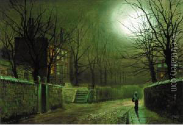 View Of Knostrop Hall In Moonlight Oil Painting - Walter Meegan