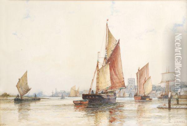 Vessels At A Harbour Mouth Oil Painting - Frederick James Aldridge