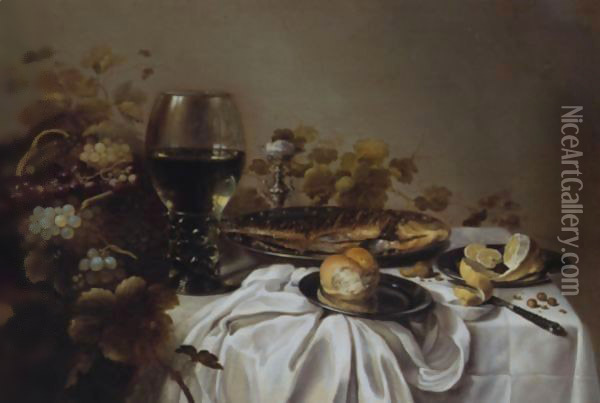 Still Life Of A Fish, Bread, A Peeled Lemon, Grapes In A Basket, A Salt And A Roemer, All On A Draped Table Oil Painting - Roloef Koets
