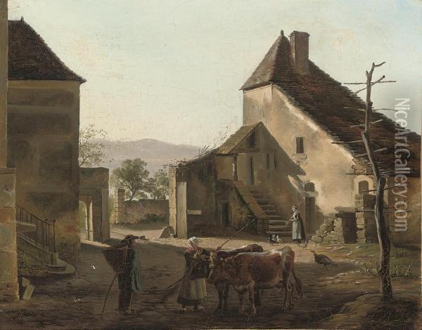 A Farmyard Chat Oil Painting - Jean-Antoine Duclaux