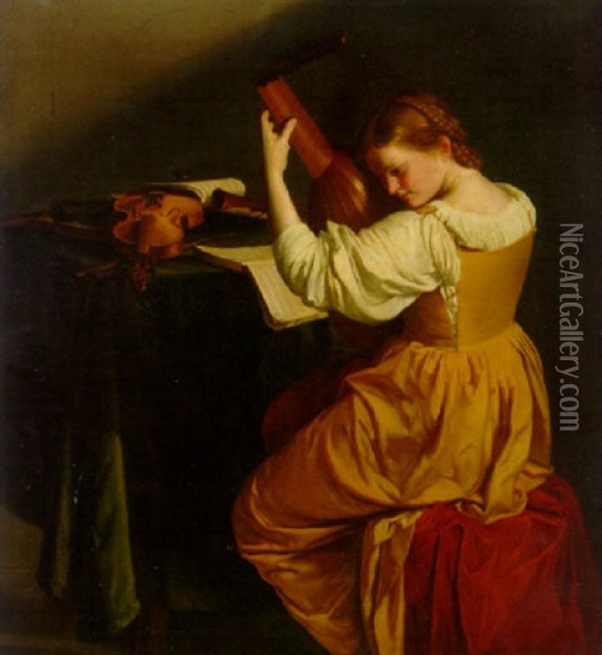 A Woman Tuning A Lute, Seated At A Draped Table With Open Manuscripts Oil Painting - Orazio Gentileschi