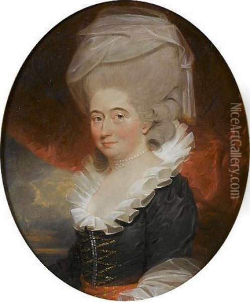 Portrait Of A Lady, Bust-length,
 In A Black Dress With A Red And Gold Sash And White Collar, Seated 
Before A Red Curtain, A View To A Landscape Beyond Oil Painting - John Downman