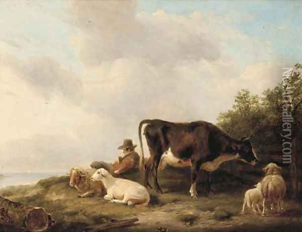 A drover and his flock on a hillside Oil Painting - Eugene Joseph Verboeckhoven