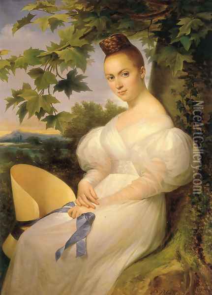 Portrait of a lady, seated in a landscape, in a white dress holding a straw hat 1830 Oil Painting - Merry Joseph Blondel