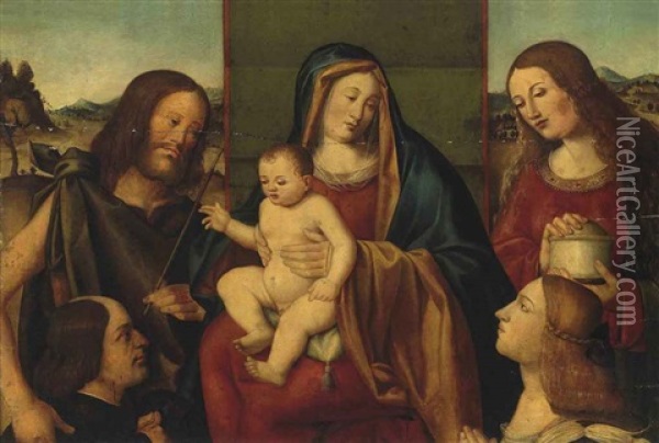 The Holy Family With Saints John The Baptist And Mary Magdalene, With Two Donors Oil Painting - Giovanni Bellini
