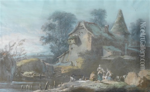 A Mill Beside A River, Washerwomen In The Foreground Oil Painting - Jean Baptiste Pillement