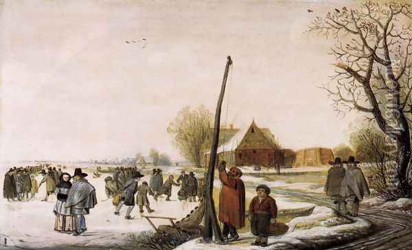Landscape with Frozen River c. 1655 Oil Painting - Barent Avercamp