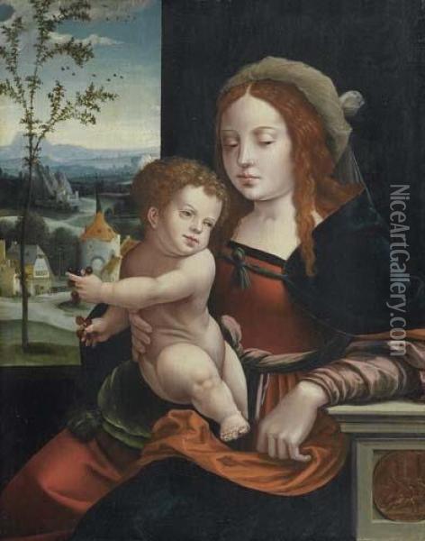 Madonna And Child Before A Landscape. Oil Painting - Joos Van Cleve