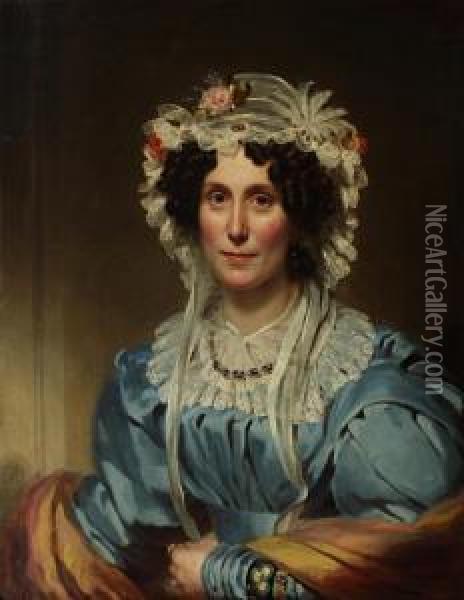 Portrait Of A Lady, Bust Length, Wearing A Pale Blue Dress And White Lace Bonnet Oil Painting - William Patten Jun