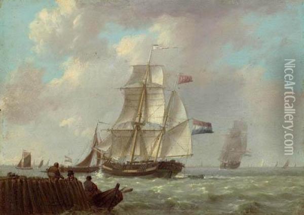 Ships Before The Coast. Oil Painting - Hermanus Jr. Koekkoek