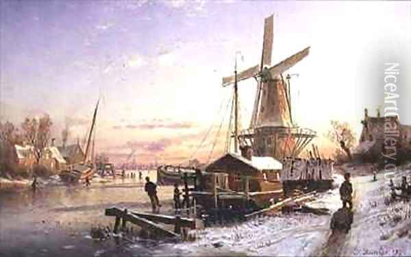 Winter Scene with a Windmill Oil Painting - Johannes Bartolomaus Duntze