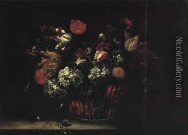 Cesta De Flores Oil Painting - Jean-Baptiste Monnoyer