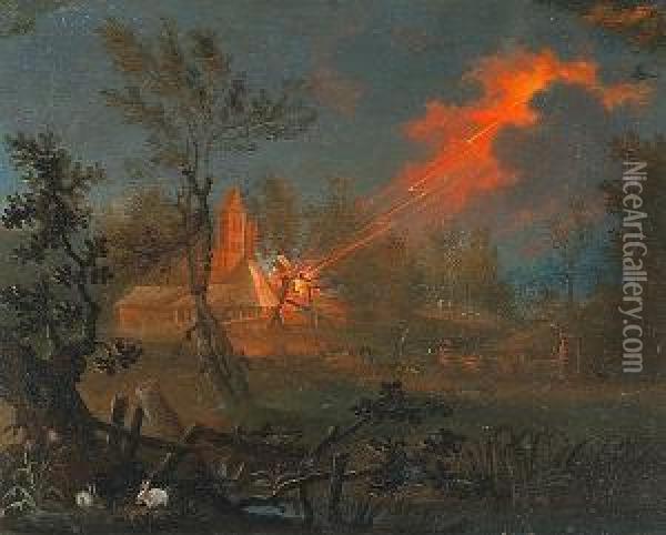 A Nocturnal Landscape With A Bolt Of Lightningstriking A Farm Building Oil Painting - Johann Georg Trautmann