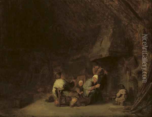 A peasant family by a fireplace in a barn Oil Painting - Adriaen Jansz. Van Ostade