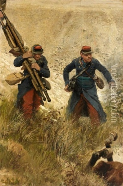 Brancardier Et Soldat De La Ligne; Fragment Du Panorama De Champigny Oil Painting - Edouard Jean Baptiste Detaille