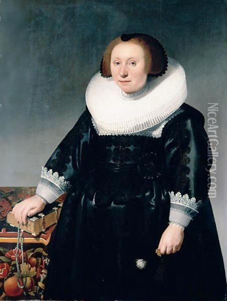 Portrait Of A Lady, Three-Quarter Length, Wearing A Black Embroidered Dress And Standing Next To A Table With Her Hand On A Book Oil Painting - Mijnerts Herman Doncker
