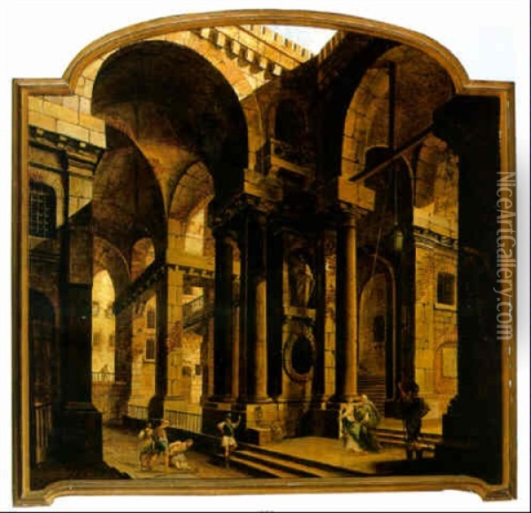 An Achitectural Capriccio With St. John The Baptist Rebuking Herod Oil Painting - Francesco Battaglioli