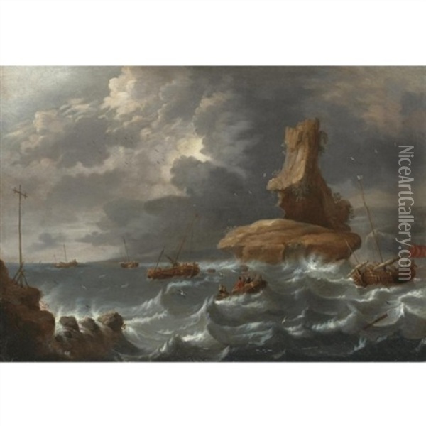 A Stormy Coastal Scene With Ships Being Wrecked Before A Clifftop Town Oil Painting - Pieter Mulier the Younger