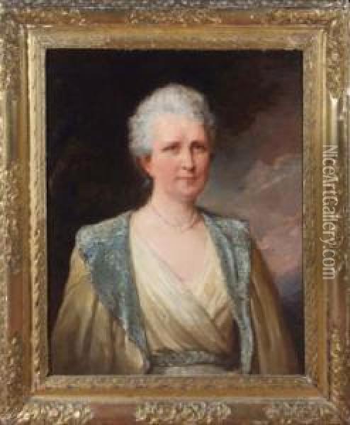 A Bust Portrait Of An Edwardian 
Woman Wearing A Cream Coloureddress Decorated With Silver Thread Against
 A Landscapebackground Oil Painting - Talbot Hughes