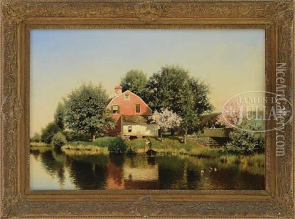 A Home By A Riverside Oil Painting - Henry Pember Smith