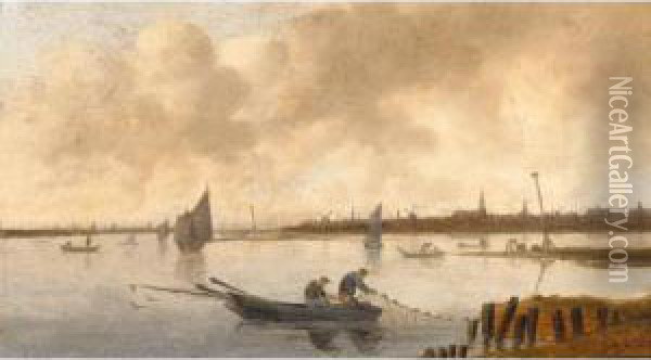 A River Landscape With Fishermen Taking In Their Nets Oil Painting - Anthony Jansz. Van Der Croos