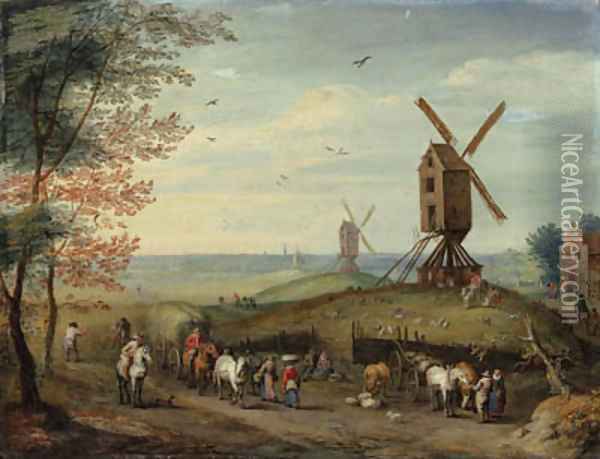 An autumn landscape with windmills and peasants harvesting Oil Painting - Jan Brueghel the Younger
