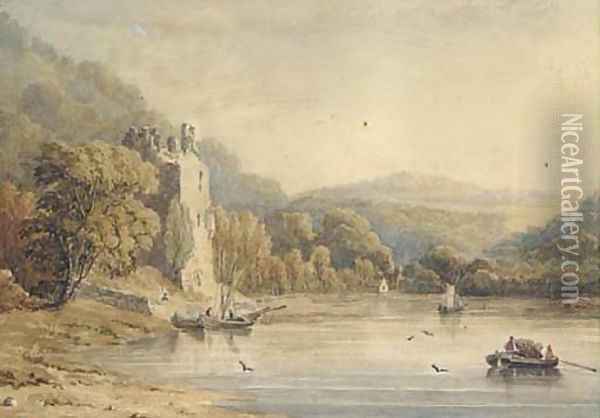 Fishermen on a lake below a ruined castle Oil Painting - Irish School