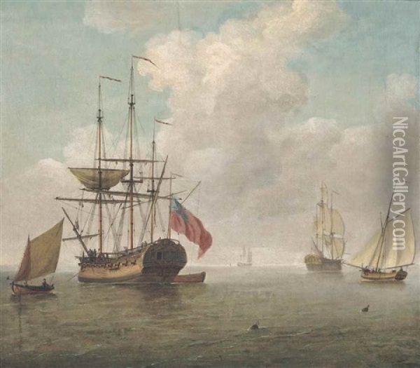A Small Man-o'war At Anchor With Cutters Under Sail Oil Painting - Charles Brooking