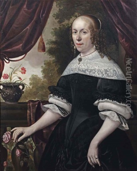 Portrait Of A Lady, Three-quarter-length, In A Black Dress With White Lace, A Pearl And Granite Parure And Pearls In Her Hair, Holding A Pink Rose... Oil Painting - Anthonie Palamedesz