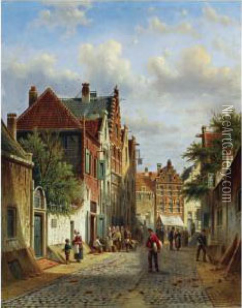 Figures In The Sunlit Streets Of A Dutch Town Oil Painting - Johannes Franciscus Spohler