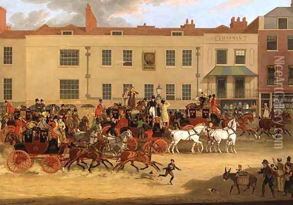 The North Country Mails at the Peacock, Islington, 1821 Oil Painting - James Pollard