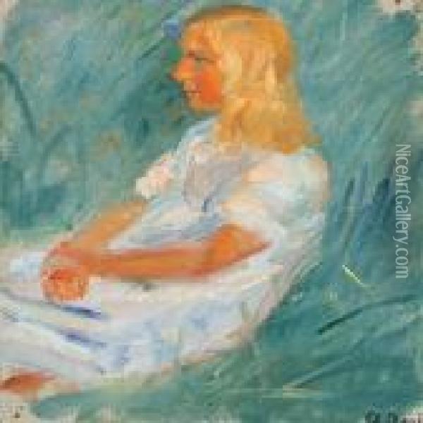 Girl In A White Dresssitting On The Grass Oil Painting - Anna Ancher