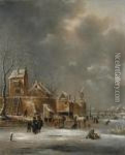 Winterlandschaft Mitschlittschuhlaufern Oil Painting - Claes Molenaar (see Molenaer)