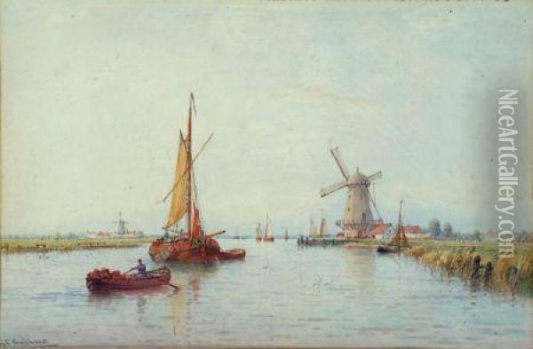 Dutch River Scene With Barges And Windmill Oil Painting - George Stanfield Walters