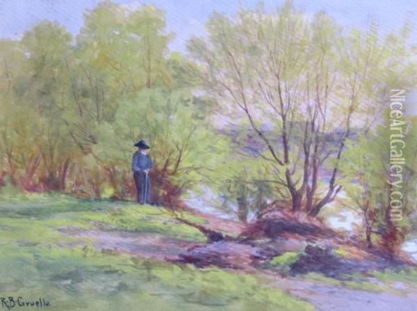 A Man With A Cane In A Waterfront Landscape Oil Painting - Richard Buckner Gruelle