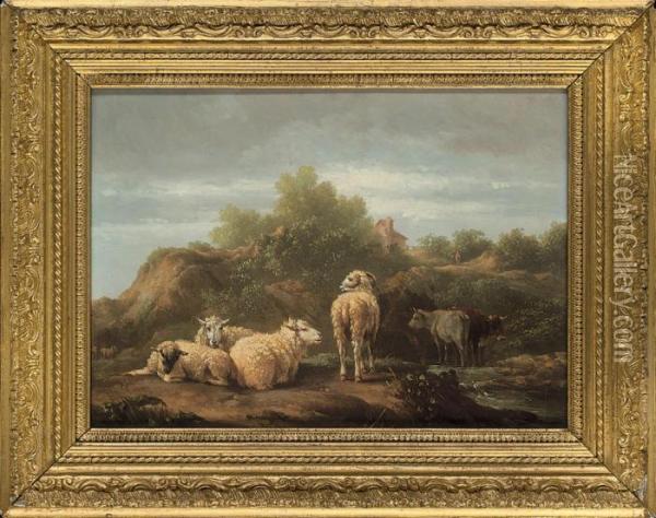 Sheep In A Landscape With A Farm House Beyond Oil Painting - Eugene Joseph Verboeckhoven