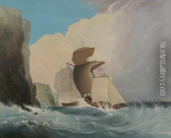 Sailing Ships Off A Rocky Coast Oil Painting - William Buelow Gould