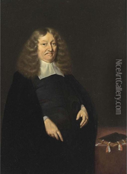 A Portrait Of Andries De Graeff 
(1611-1678), Burgomaster Of Amsterdam, Standing Three-quarter Length, 
Wearing A Black Suit And White Collar, Beside A Desk With A Book Oil Painting - Gerard Terborch