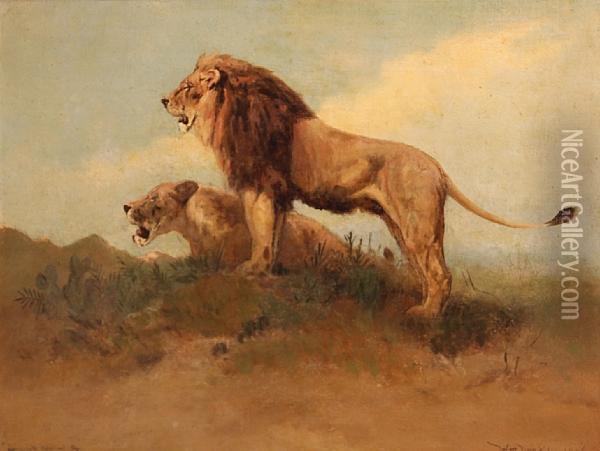 Lions Hunting Oil Painting - William Henry Drake