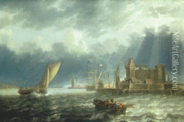 Embarcation Prises Dans Un Coup De Vent A L'entree D'un Port Fortifie Oil Painting - Jan Peeters the Elder