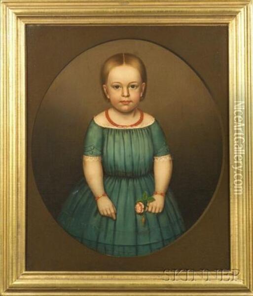 Portrait Of Little Girl In Blue Wearing Coral Jewelry. Oil Painting - Horace Bundy