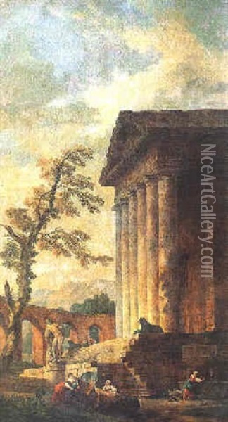 L'escalier D'un Temple Antique Oil Painting - Hubert Robert