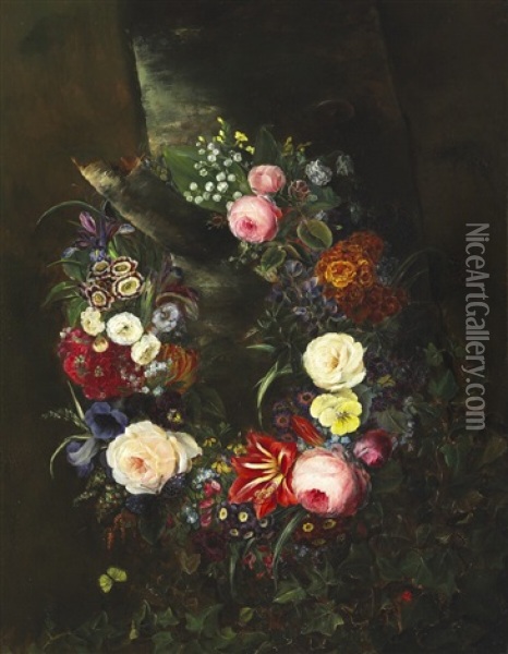 Wreath Of Flowers Hanging On A Branch Oil Painting - Johan Laurentz Jensen