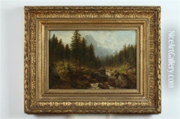 Mountain Landscape With Stream Oil Painting - Josef Schoyerer